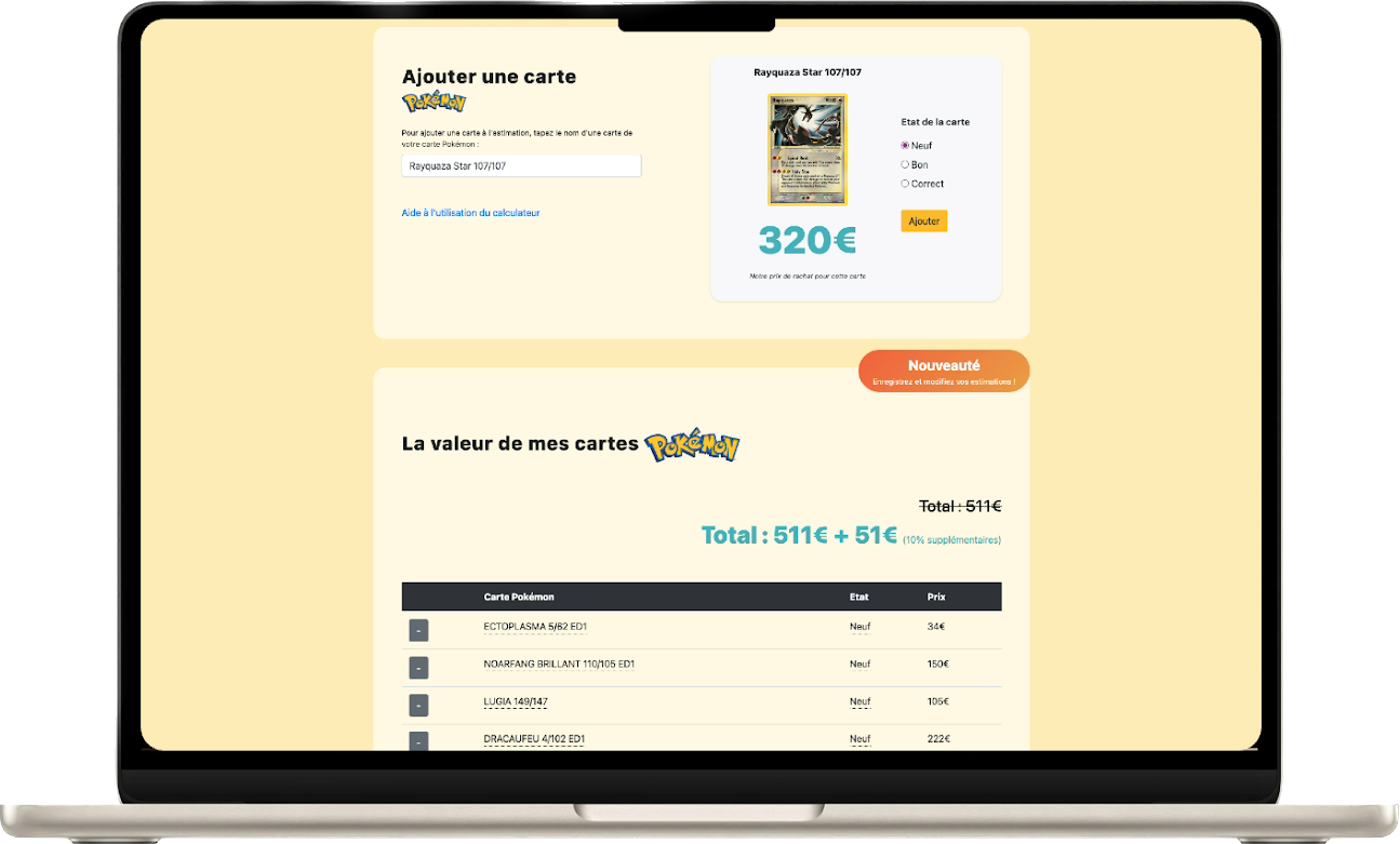 calculateur prix de rachat cartes Pokémon